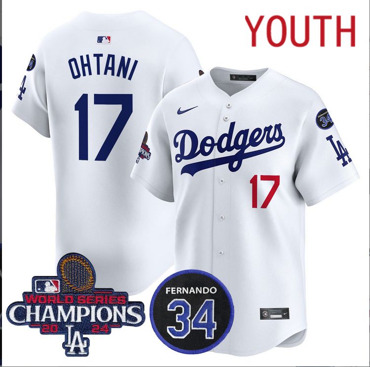 Youth MLB Los Angeles Dodgers #17 Ohtani white 2024 World Series Champions Patch Limited Jersey